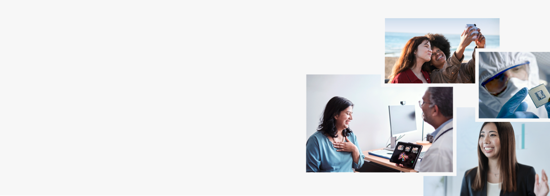 MORE SMILES logo and four photos Above: a couple taking a photo. Right:A serious man checking a semiconductor chip Left:Woman with a look of relief in a hospital room Bottom:Woman making a presentation with a smile